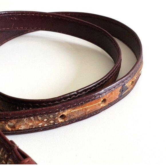 Vintage Brown Leather Feather Inlay Belt With Brass Buckle - Picture 3 of 6